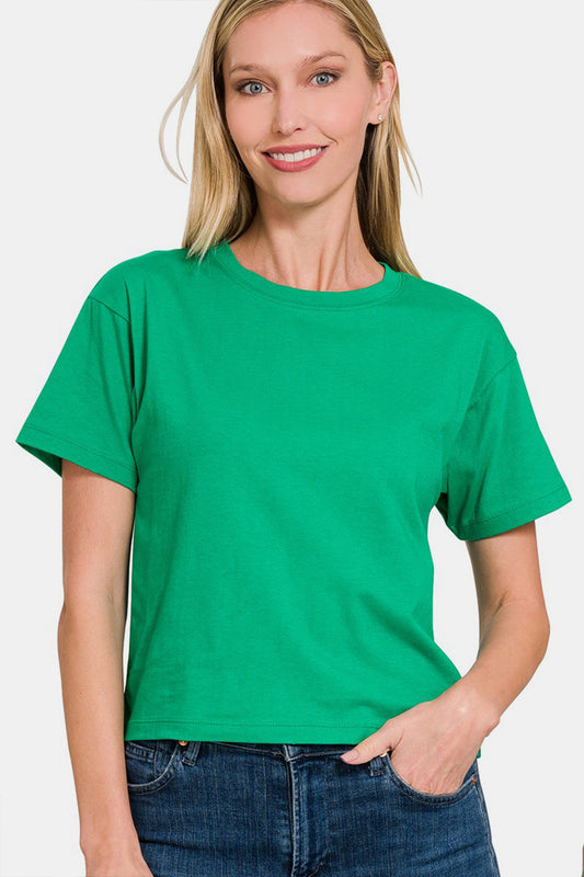 Zenana Round Neck Short Sleeve Cropped T-Shirt | us.meeeshop
