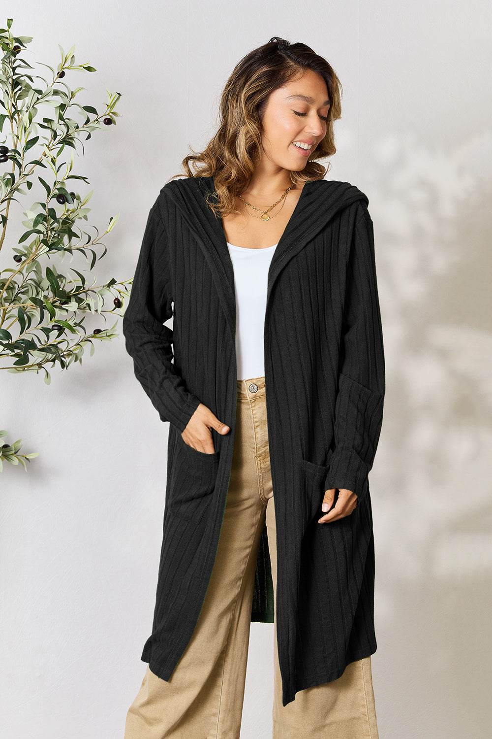 Basic Bae Full Size Ribbed Open Front Long Sleeve Cardigan - us.meeeshop