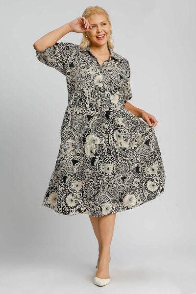 Umgee Printed Smocked Cuff Puff Sleeve Midi Dress Plus Size - us.meeeshop