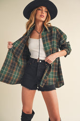 Aemi + Co Flannel Plaid Button Up Raglan Sleeve Shirt in Black Forest