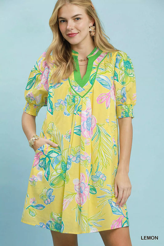 umgee botanical print Umgee Botanical Print Dress with Smocked Cuffs LEMON (dress) - shop at us.meeeshop