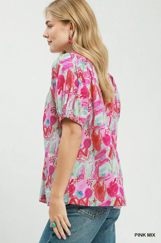 umgee abstract print Umgee Abstract Print Puff Sleeve Top view 2 (top) - shop at us.meeeshop