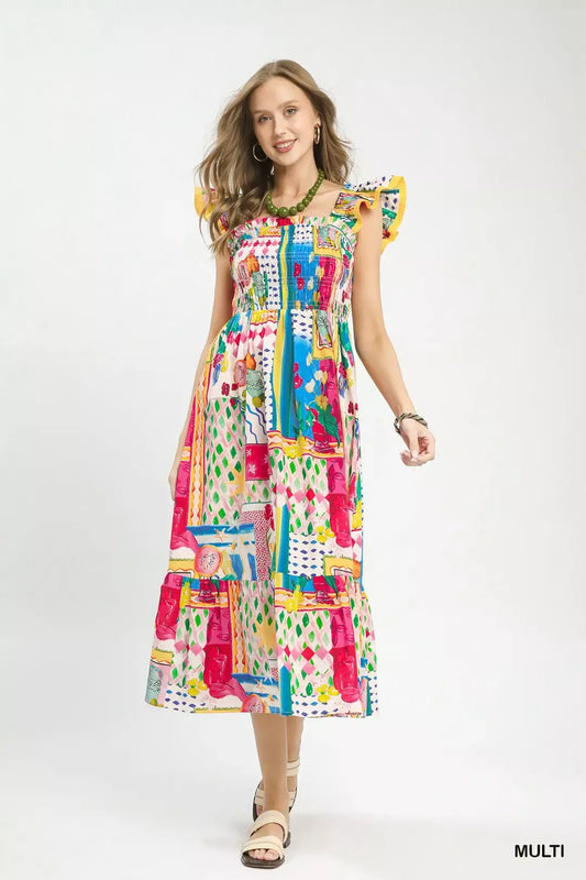 Umgee Abstract Print Smocked Ruffle Sleeve Tiered Midi Dress (women's dresses) view 2 - shop at us.meeeshop