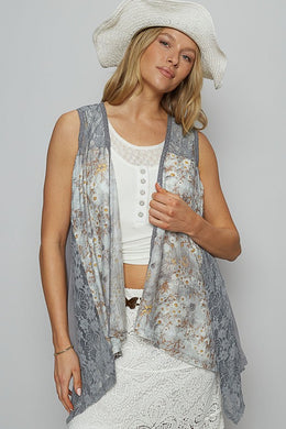 POL Lace Patchwork Floral Open Front Sleeveless Cardigan in Gray