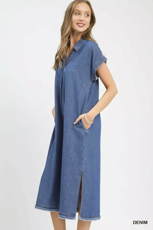 Umgee Stone Washed Collared Denim Midi Dress (women's dresses) view 2 - shop at us.meeeshop