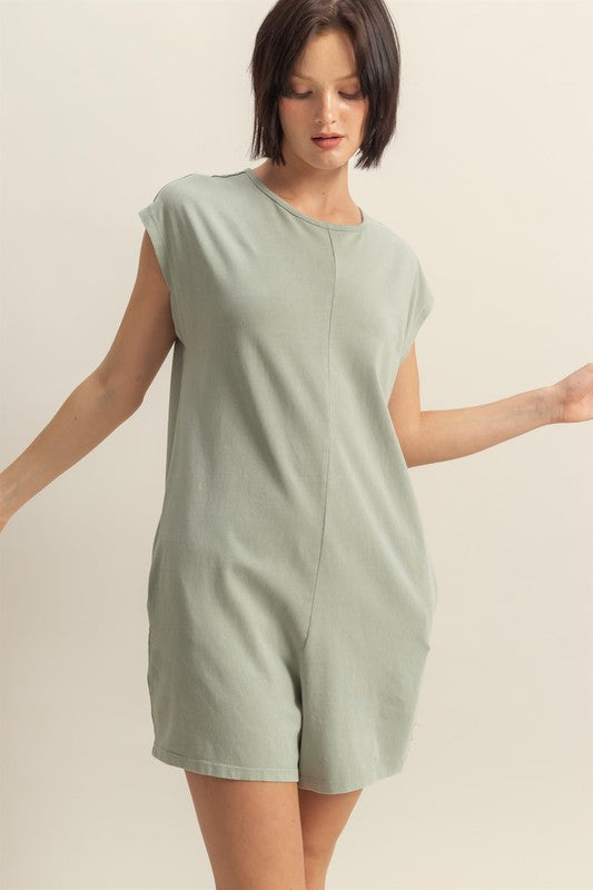 HYFVE Round Neck Cap Sleeve Relaxed Fit Breezy Romper in Sage - us.meeeshop