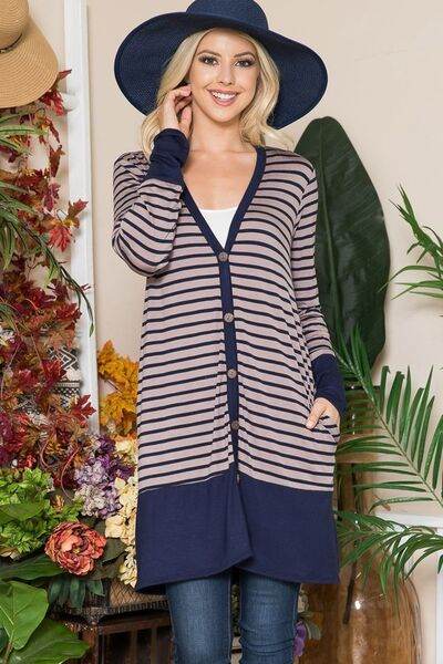 Celeste Striped Button Up Long Sleeve Cardigan Plus Size - us.meeeshop