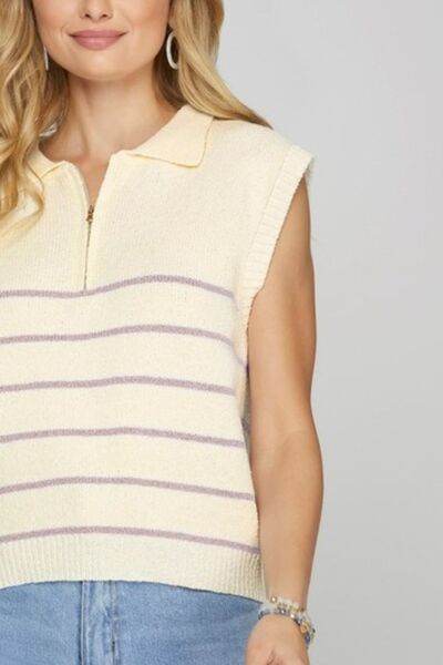 She + Sky Ribbed Hem Striped Half Zip Sweater Vest - us.meeeshop