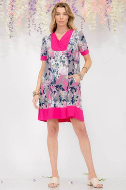 Celeste Full Size Floral Surplice Short Sleeve Dress with Pockets Plus Size