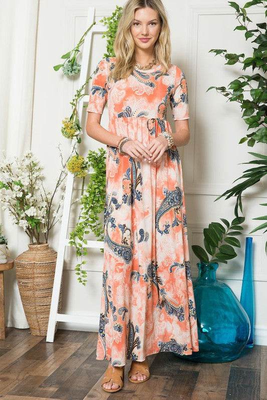 Celeste Paisley Print Short Sleeve Maxi Dress with Pockets - us.meeeshop