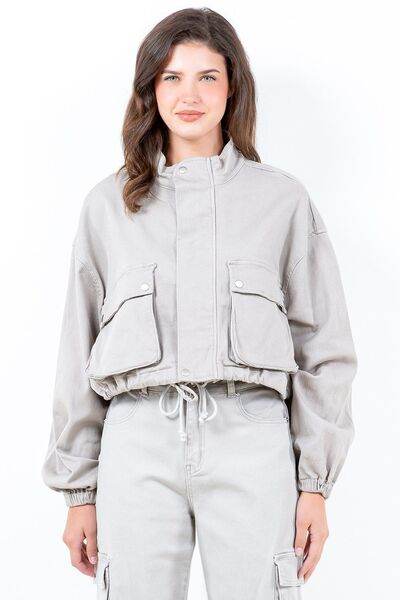 American Bazi Drawstring Hem Cargo Pocket Cropped Worker Jacket - us.meeeshop