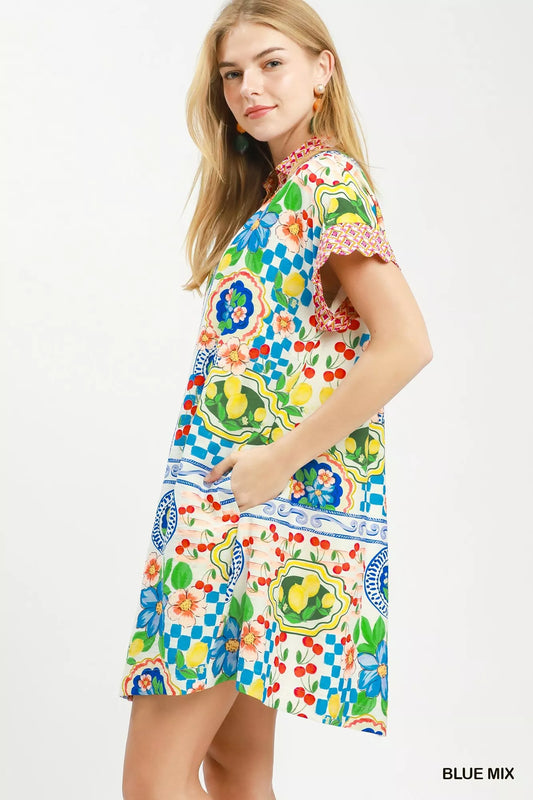 umgee mediterranean print Umgee Mediterranean Print Dress with Contrast Printed Trim view 2 (dress) - shop at us.meeeshop