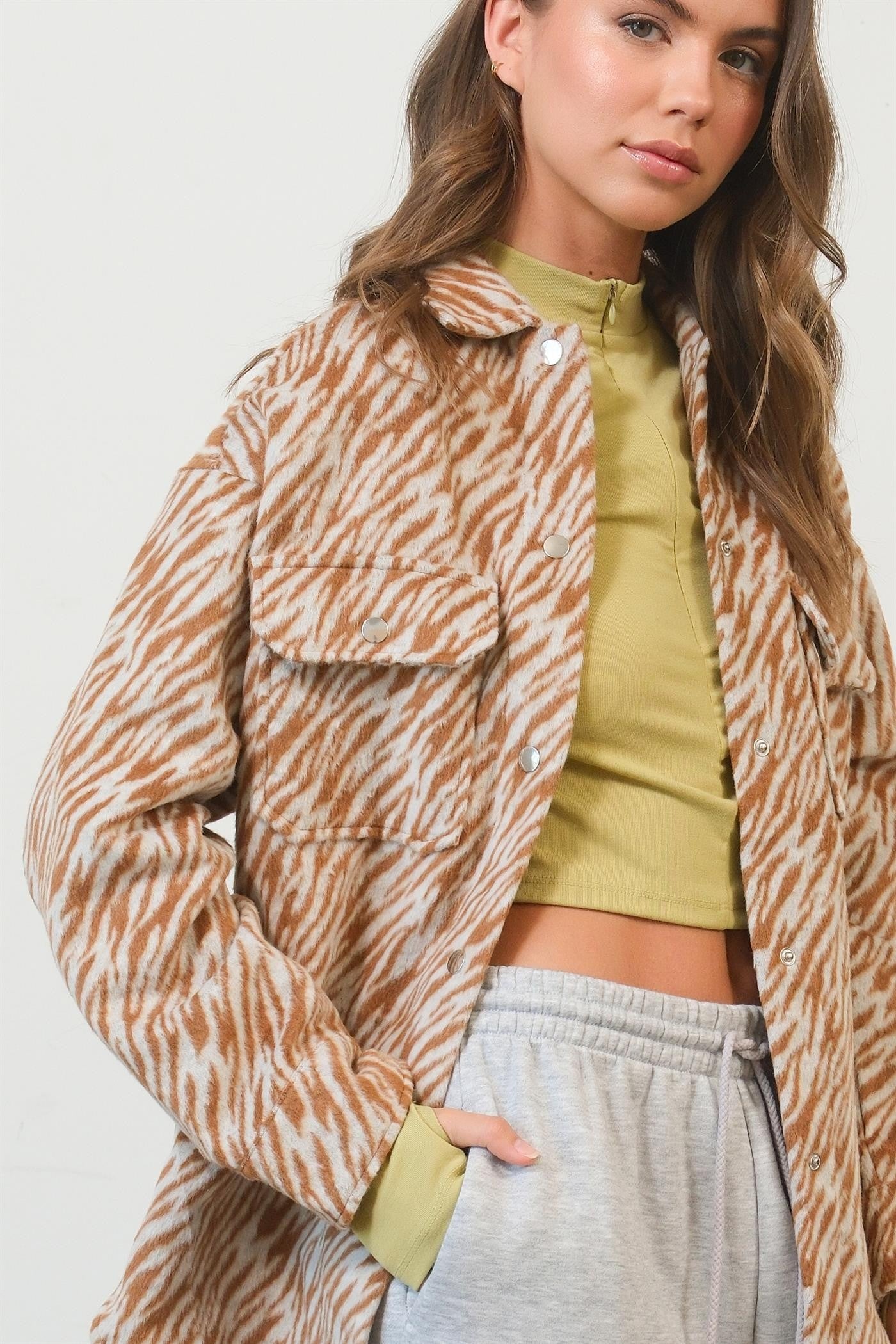 HYFVE Zebra Print Snap Down Long Sleeve Shacket In Camel