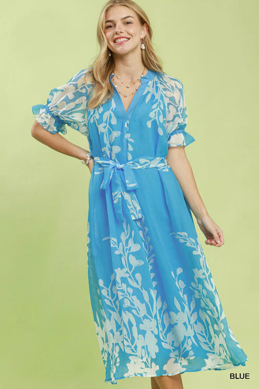 umgee floral print Umgee Floral Print Tie Waist Midi Dress with Side Pockets Blue (dress) - shop at us.meeeshop
