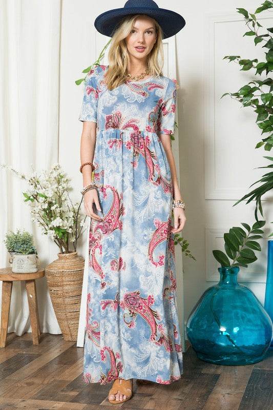 Celeste | Paisley Print Short Sleeve Maxi Dress with Pockets Plus Size - us.meeeshop