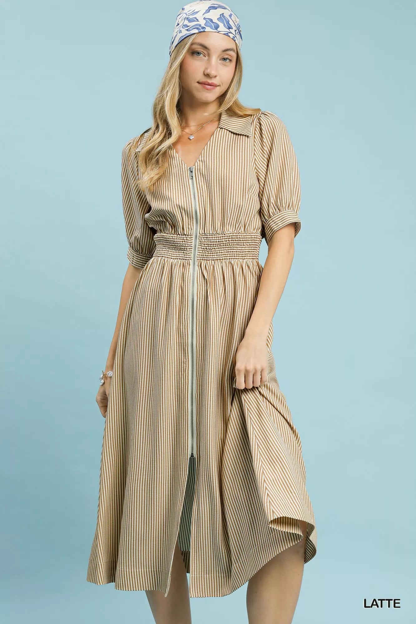 umgee striped midi Umgee Striped Midi Dress with Front Zipper LATTE (dress) - shop at us.meeeshop