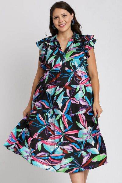 Umgee Leaf Print Double Layered Ruffle Sleeve Tiered Midi Dress Plus Size - us.meeeshop