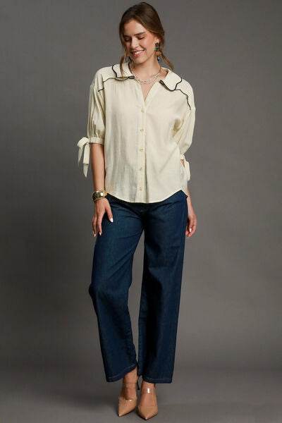 Umgee Embroidered Detail Button Down Shirt Plus Size - us.meeeshop