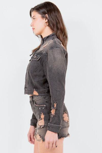 American Bazi Distressed Star Stud Trim Denim Rider Jacket Plus Size - us.meeeshop