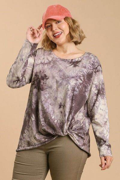 Umgee Tie Dye Front Gathered Detail Round Neck Long Sleeve T-Shirt Plus Size - us.meeeshop