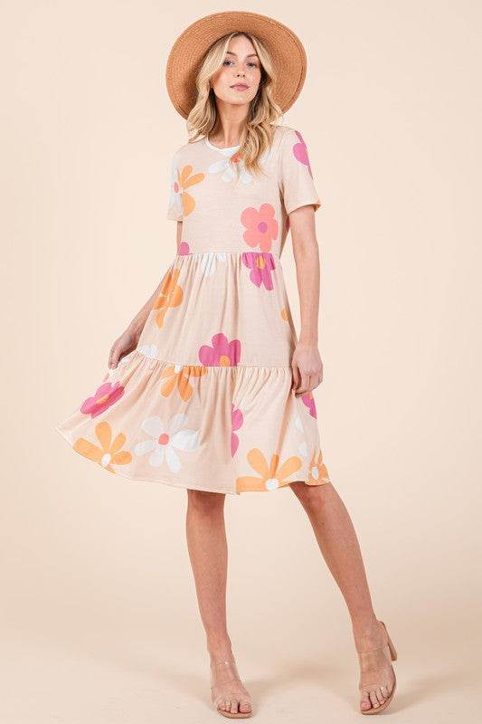 BOMBOM Floral Round Neck Short Sleeve Tiered Dress - us.meeeshop