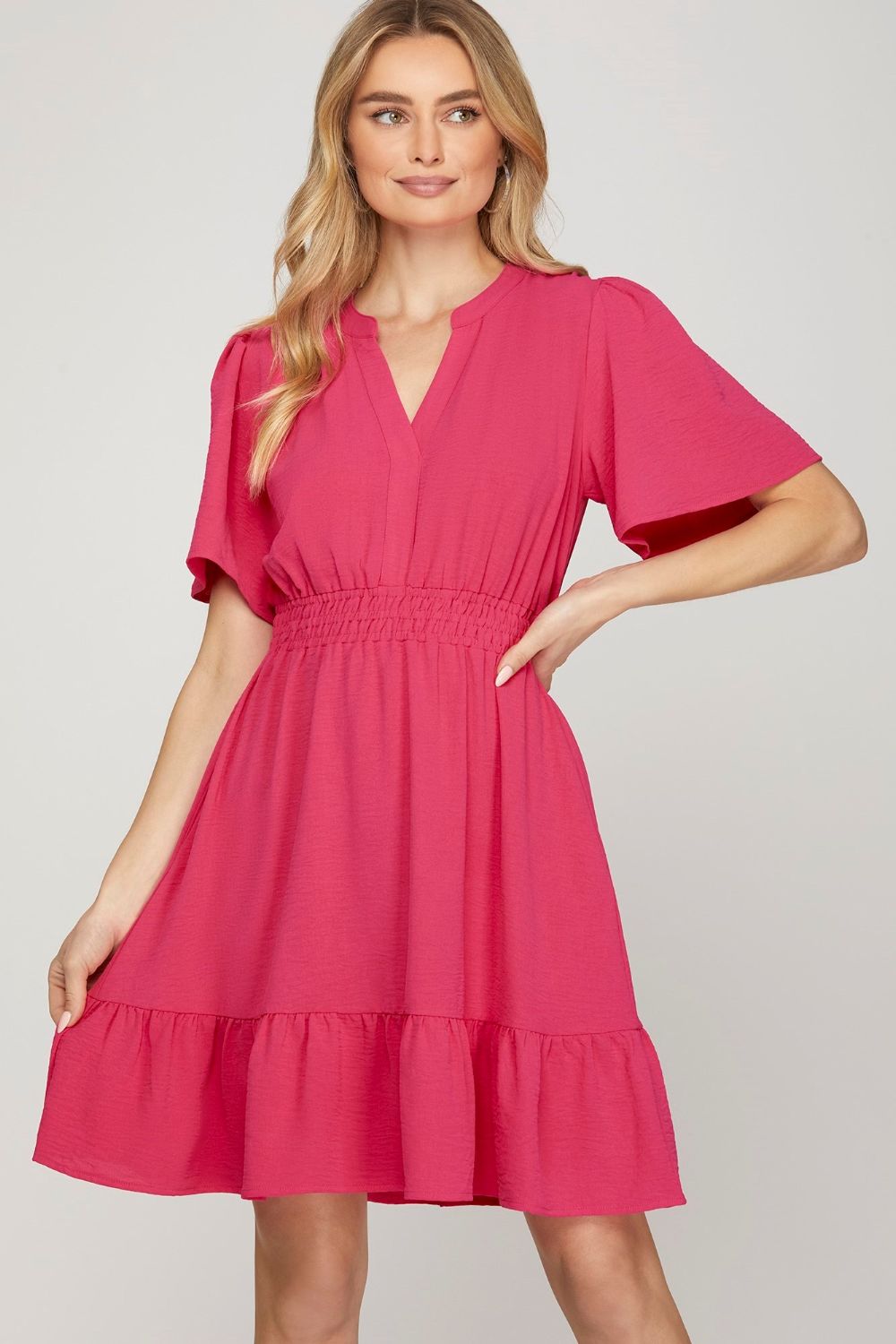 She + Sky Ruffled Hem Notched Flutter Sleeve Mini Dress - us.meeeshop