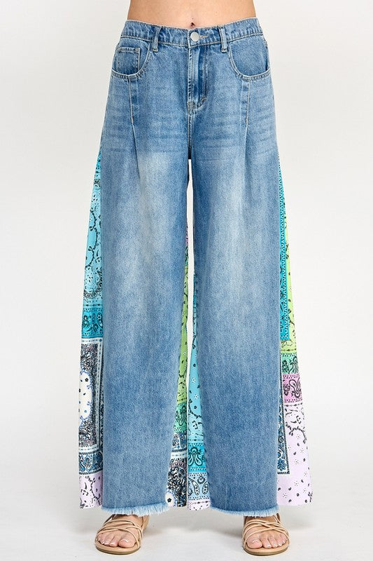 SAGE + FIG Raw Hem Paisley Print Side Wide Leg Jeans - us.meeeshop