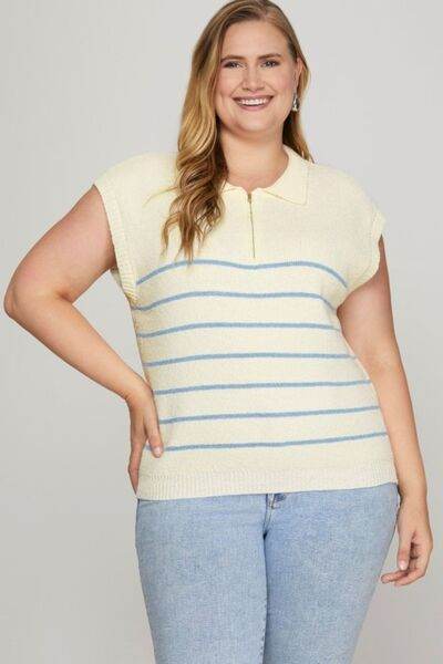 She + Sky Ribbed Hem Striped Half Zip Sweater Vest Plus Size - us.meeeshop