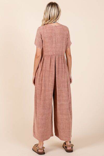 Mittoshop Mineral Wash Short Sleeve Flowy Wide Leg Jumpsuit - us.meeeshop