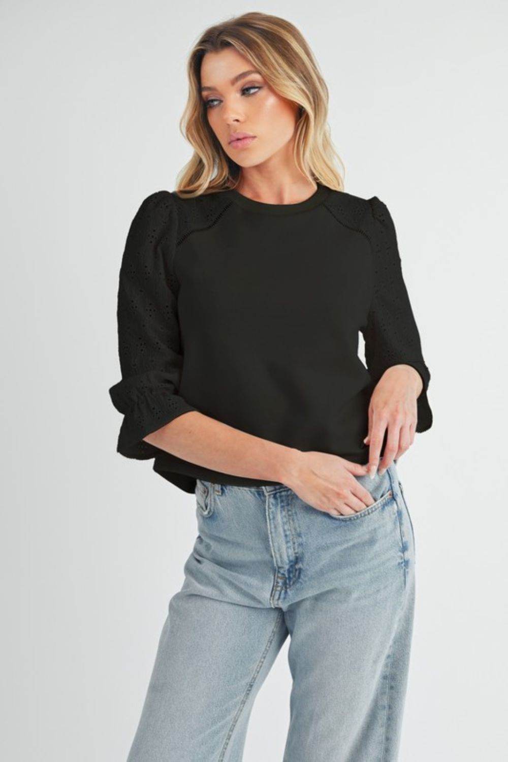 Aemi + Co Embroidered Eyelet Round Neck 3/4 Sleeve Blouse in Black - us.meeeshop