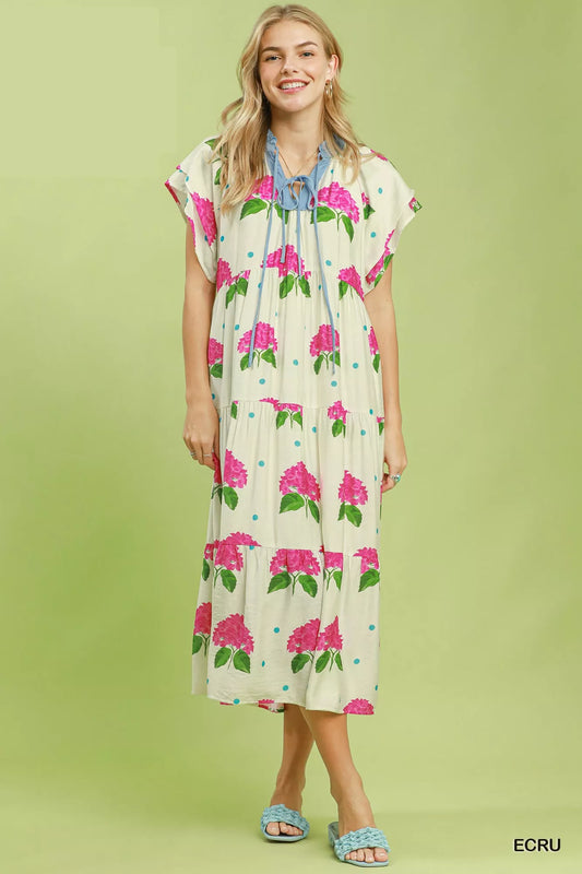 Umgee Hydrangea Print Tiered Midi Dress (women's dresses) view 2 - shop at us.meeeshop