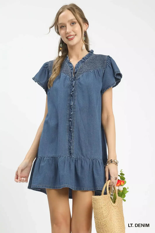 Umgee Ruffled Washed Denim Dress (women's dresses) - shop at us.meeeshop