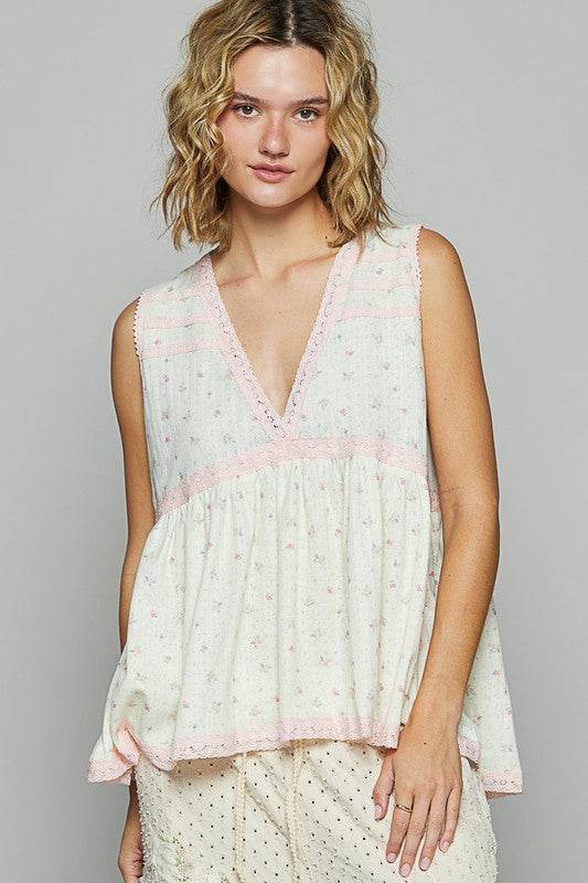 POL Lace Detail Floral V-Neck Sleeveless Top - us.meeeshop