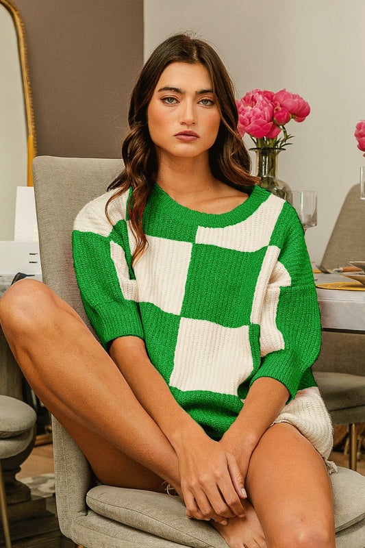 BiBi Checkered Contrast Round Neck Sweater | us.meeeshop