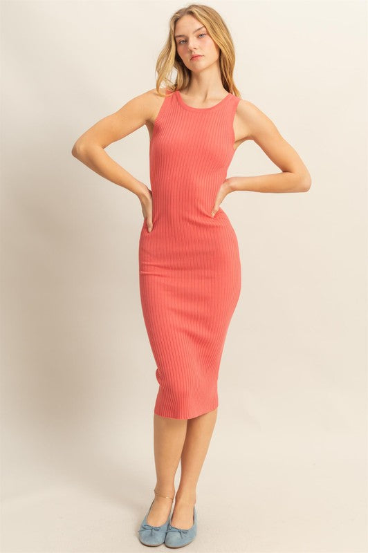 HYFVE Ribbed Round Neck Sleeveless Knit Midi Dress in Coral - us.meeeshop