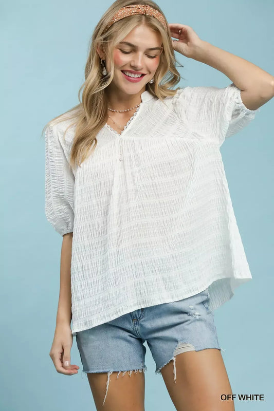 Umgee Textured Puff Sleeve Blouse (women's shirts & tops) - shop at us.meeeshop