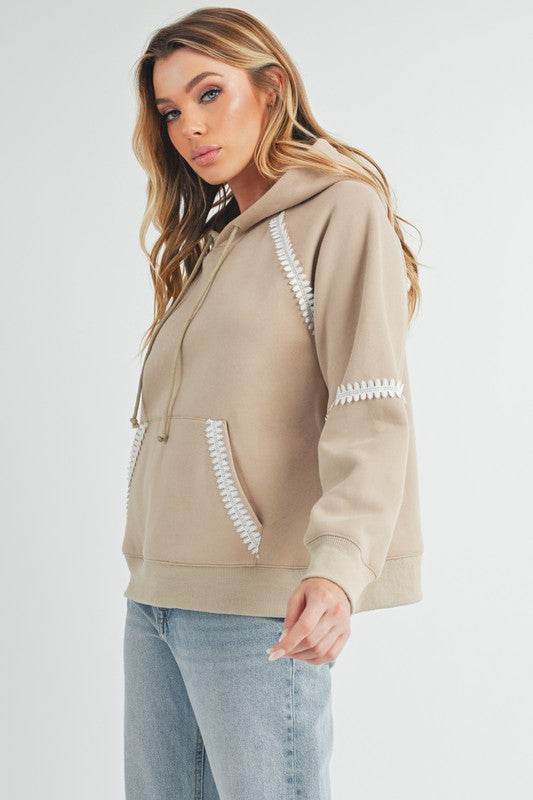 Aemi + Co Lace Detail Drawstring Hoodie with Kangaroo Pocket in Oatmeal - us.meeeshop