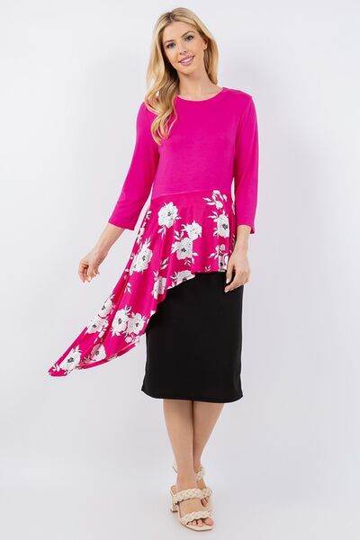 Celeste Floral Asymmetrical Hemline Round Neck Top Plus Size - us.meeeshop