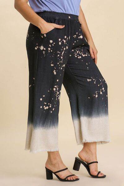 Umgee Raw Hem Linen Blend Bleach Dip Dye Wide Leg Pants Plus Size - us.meeeshop