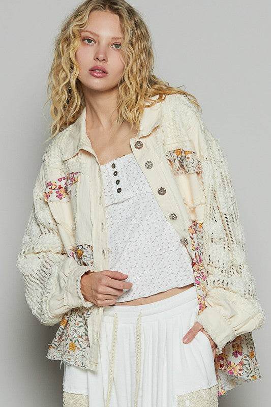 POL Floral Crochet Lace Frayed Edge Button Up Shacket - us.meeeshop