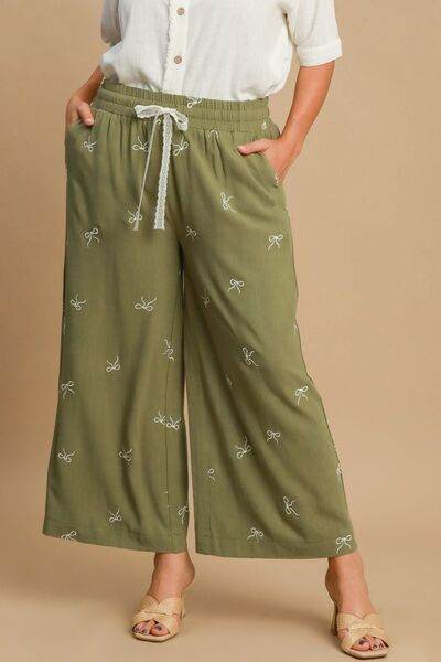 Umgee Lace Drawstring Embroidered Bow Wide Leg Pants Plus Size - us.meeeshop