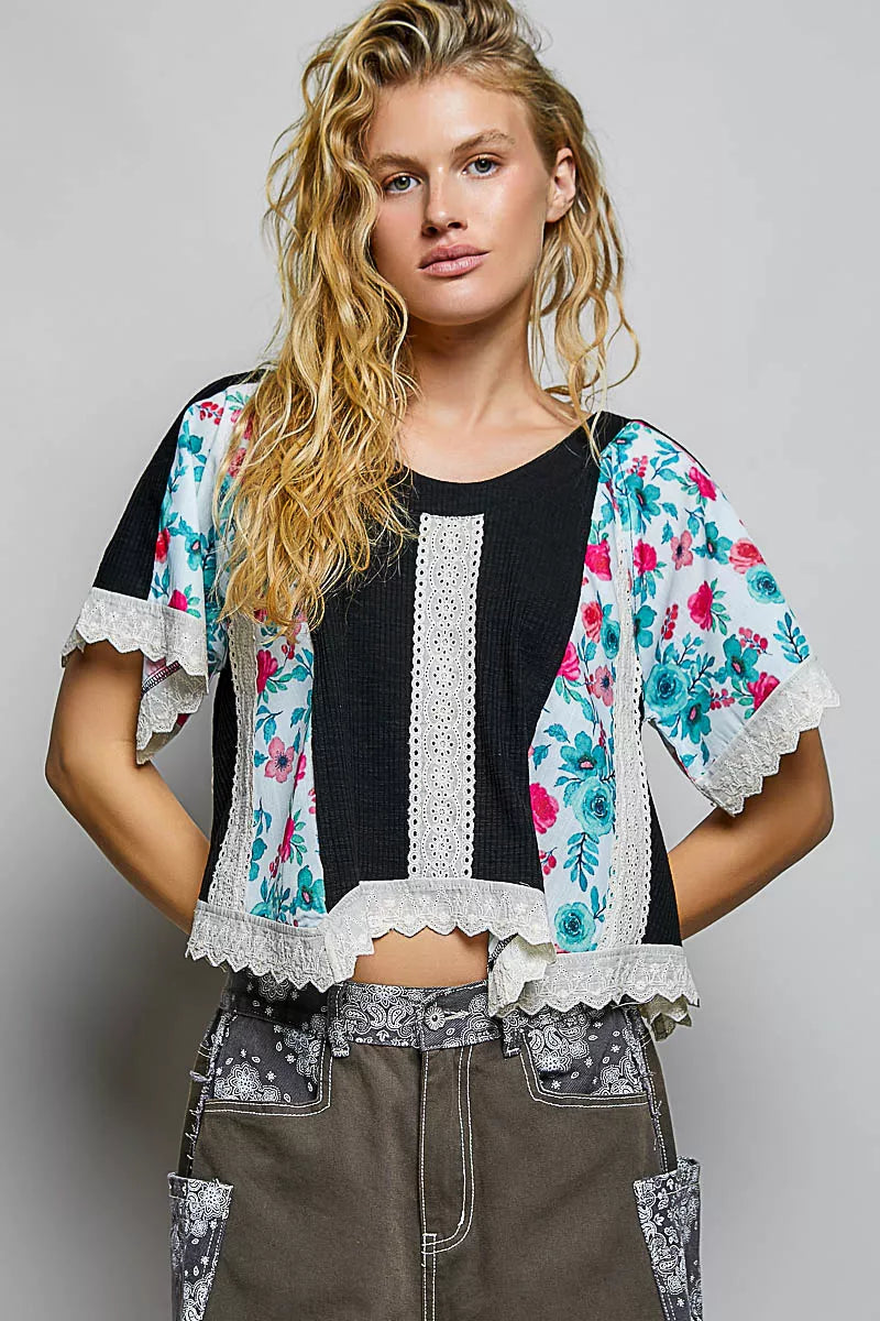 pol round neck Pol Round Neck Ribbed Cropped Top with Lace Detail BLACK (top) - shop at us.meeeshop
