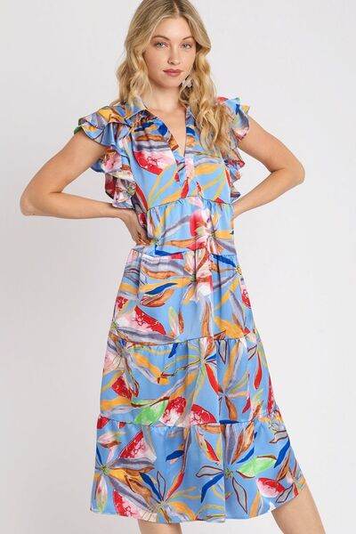 Umgee Leaf Print Double Layered Ruffle Sleeve Tiered Midi Dress Plus Size - us.meeeshop