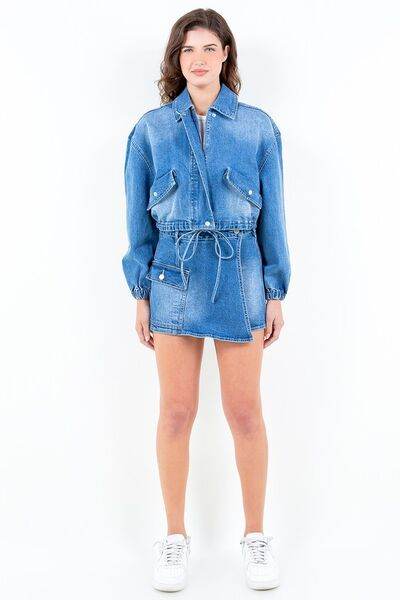 American Bazi Drop Shoulder Cropped Denim Jacket with Waist Strap Plus Size - us.meeeshop