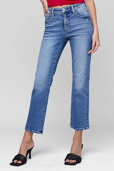 RISEN Tummy Control High Rise Crop Straight Jeans Plus Size - us.meeeshop