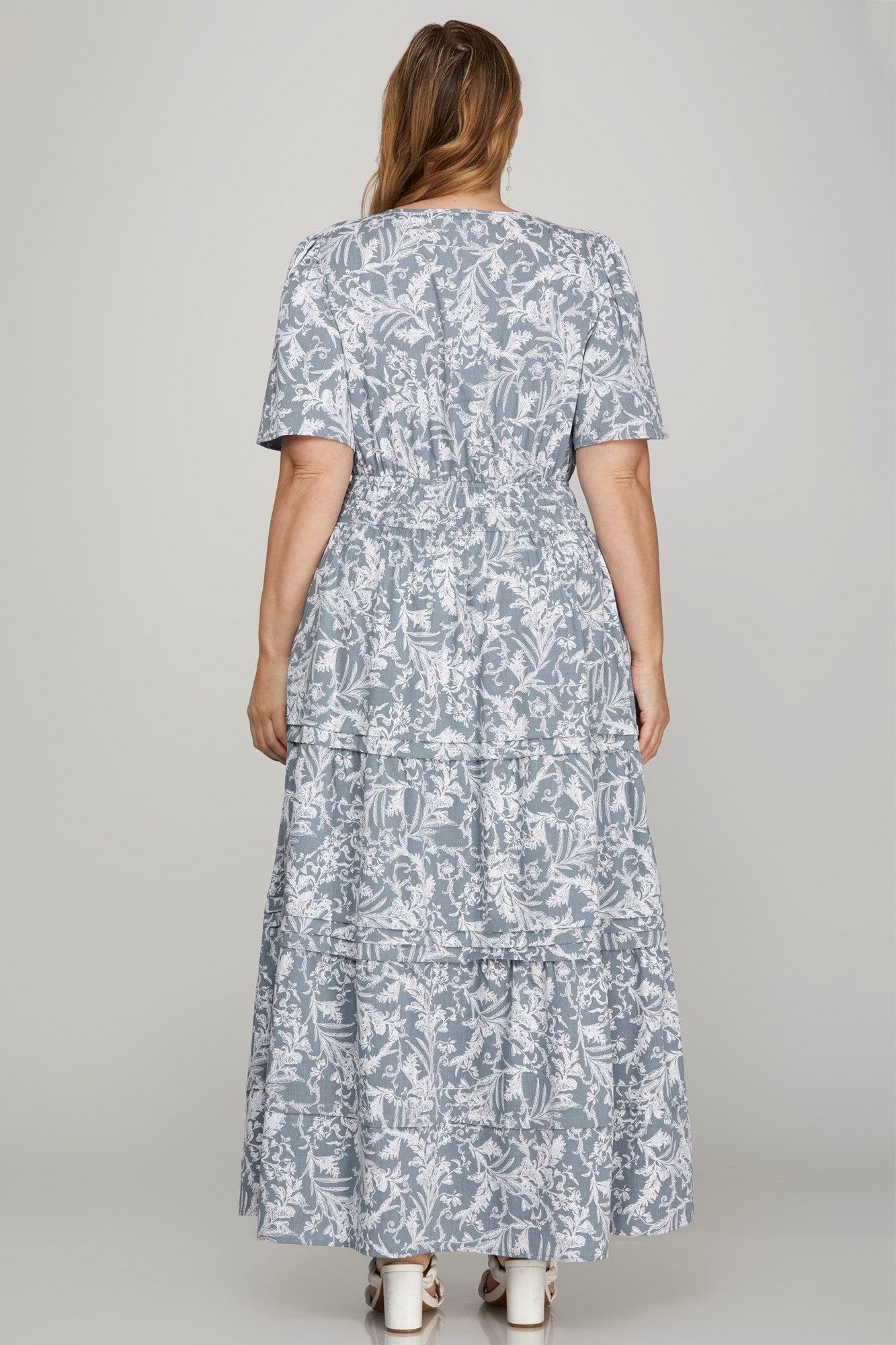 She + Sky Printed Notched Woven Tiered Pintuck Maxi Dress with Side Pockets in Air Force Blue - us.meeeshop