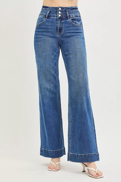 risen high rise Risen High Rise Wide Leg Wide Band Detail Jeans view 3 (bottom) - shop at us.meeeshop