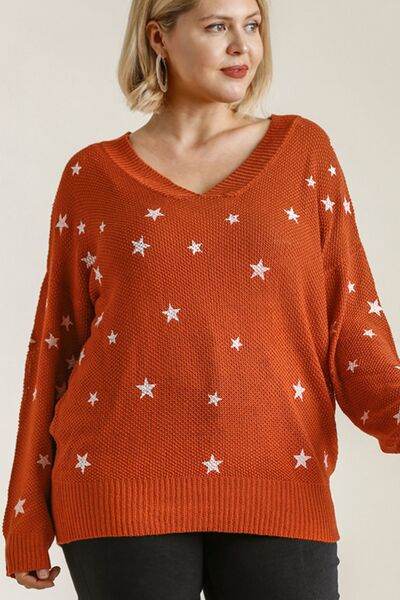 Umgee Star V-Neck Long Sleeve Sweater Plus Size - us.meeeshop