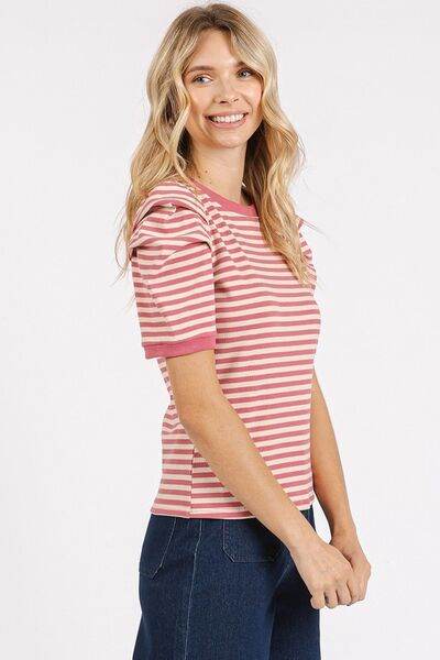 Mittoshop Striped Round Neck Puff Sleeve T-Shirt - us.meeeshop