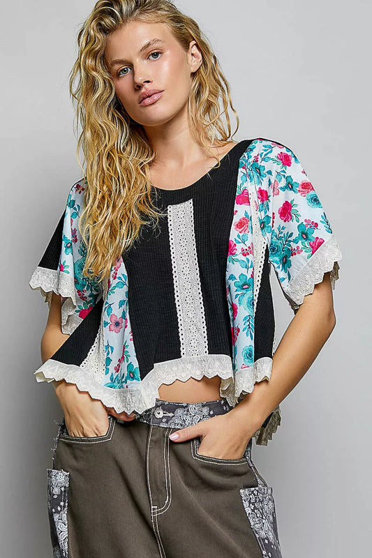 pol round neck Pol Round Neck Ribbed Cropped Top with Lace Detail view 2 (top) - shop at us.meeeshop